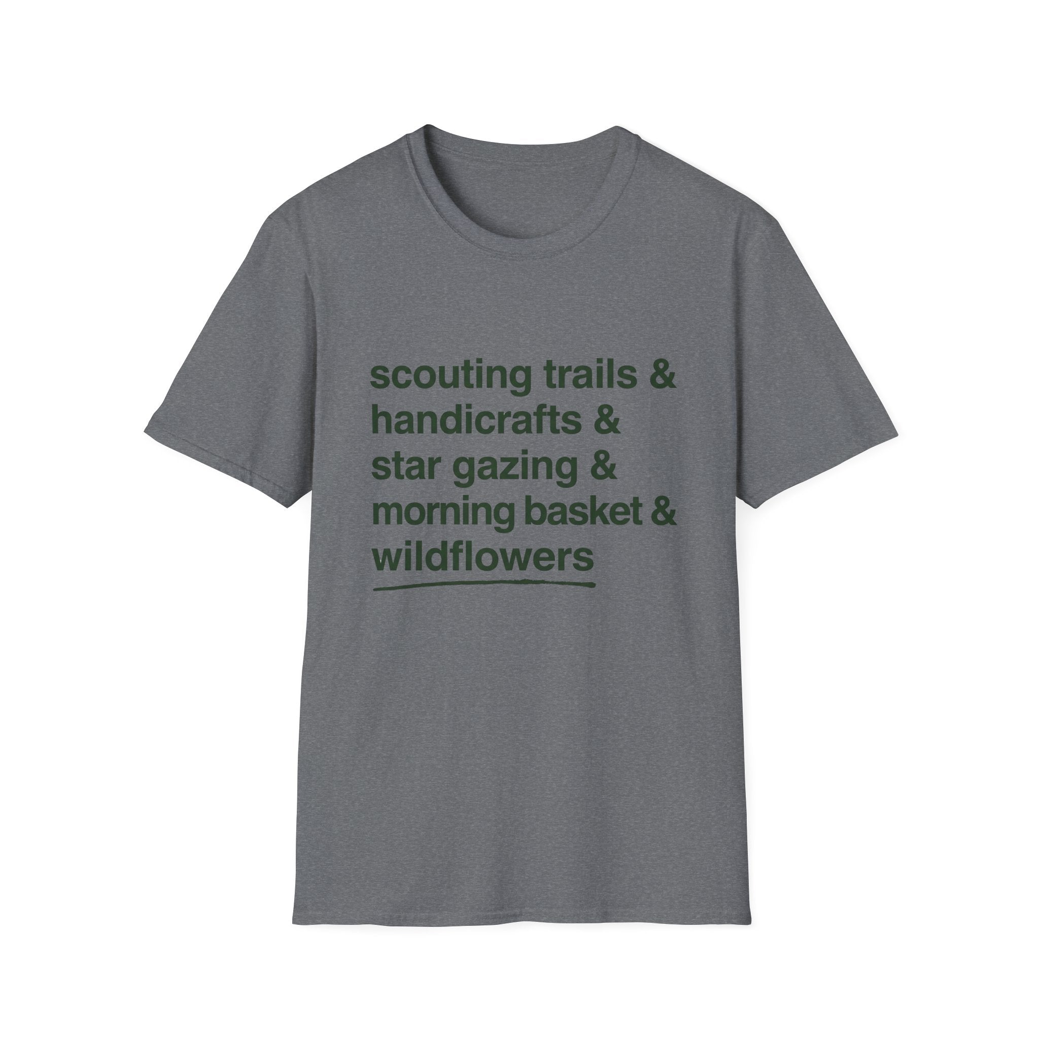 Scouting Trails Check List homeschool mom graphic t-shirt with a playful checklist-style homeschool graphic with bookish and nature-inspired details