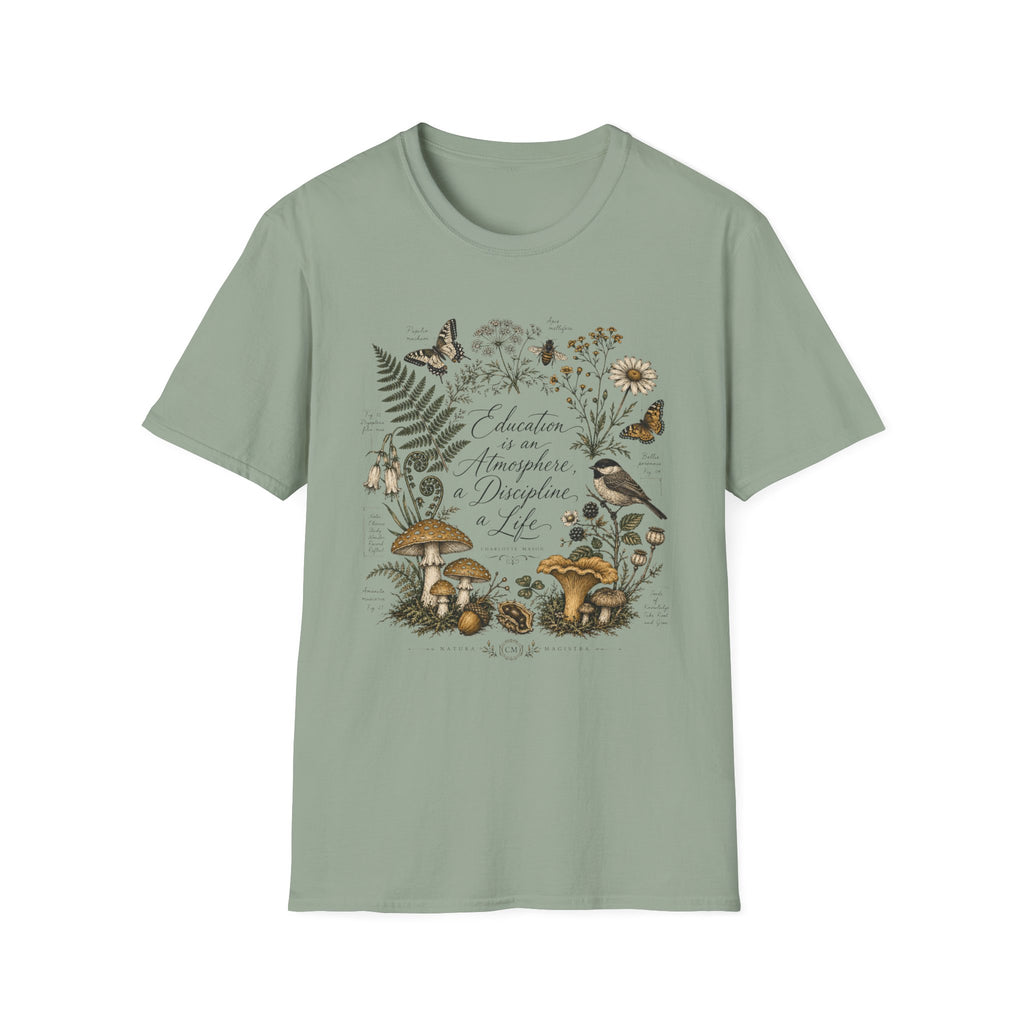 Education Is An Atmosphere homeschool mom graphic t-shirt with a Charlotte Mason-inspired design with books, nature details, and vintage homeschool charm