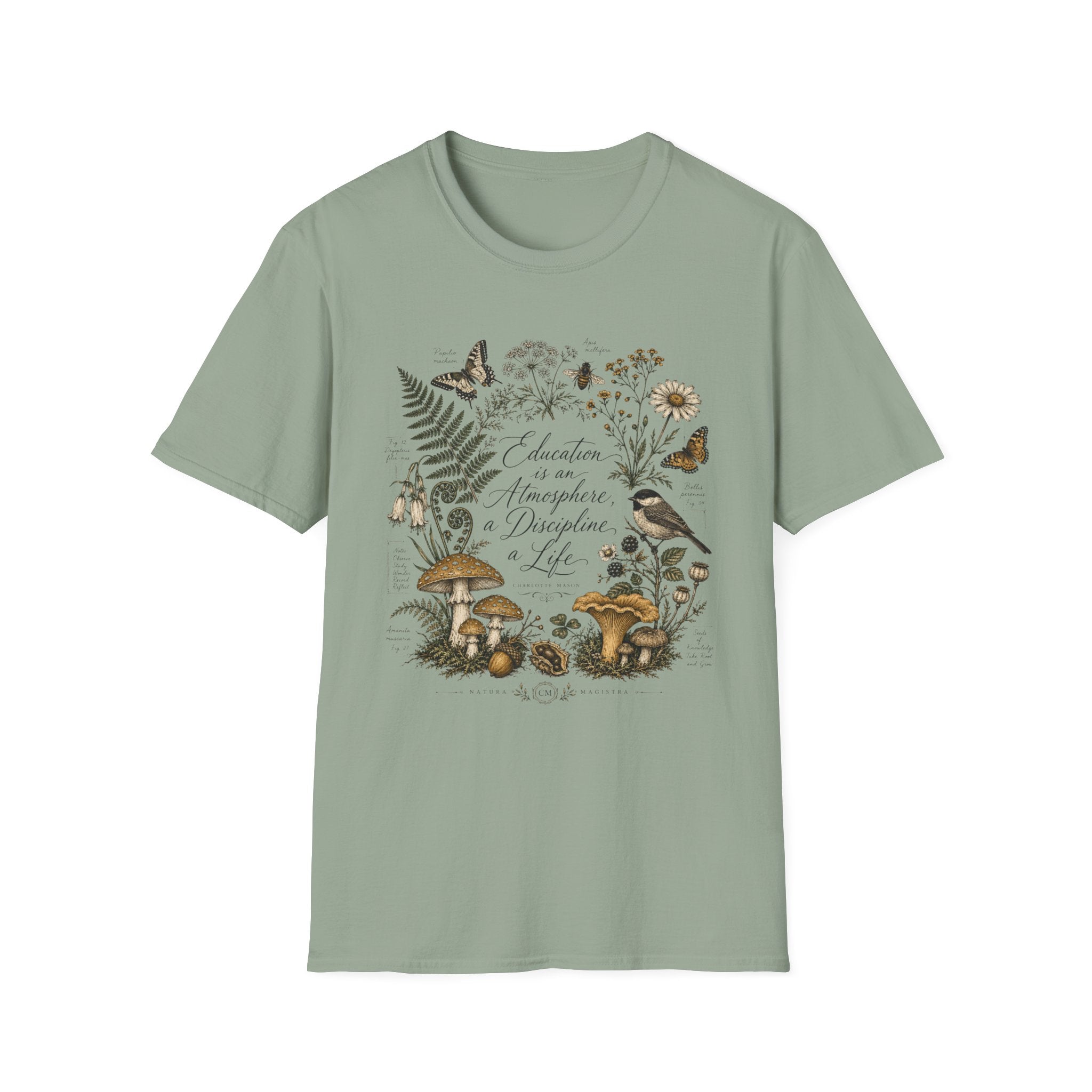 Education Is An Atmosphere homeschool mom graphic t-shirt with a Charlotte Mason-inspired design with books, nature details, and vintage homeschool charm