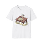 The Work At Home Is Holy homeschool mom graphic t-shirt with a gathered-at-home inspired graphic with books, florals, and cozy family learning details