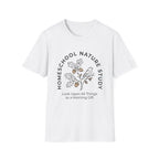 Homeschool Nature Study homeschool mom graphic t-shirt with a Charlotte Mason-inspired design with nature details, bookish elements, and classic homeschool lettering