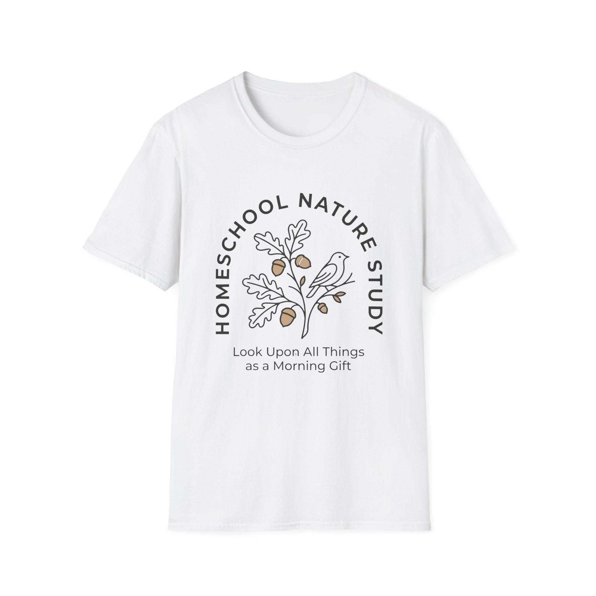 Homeschool Nature Study homeschool mom graphic t-shirt with a Charlotte Mason-inspired design with nature details, bookish elements, and classic homeschool lettering