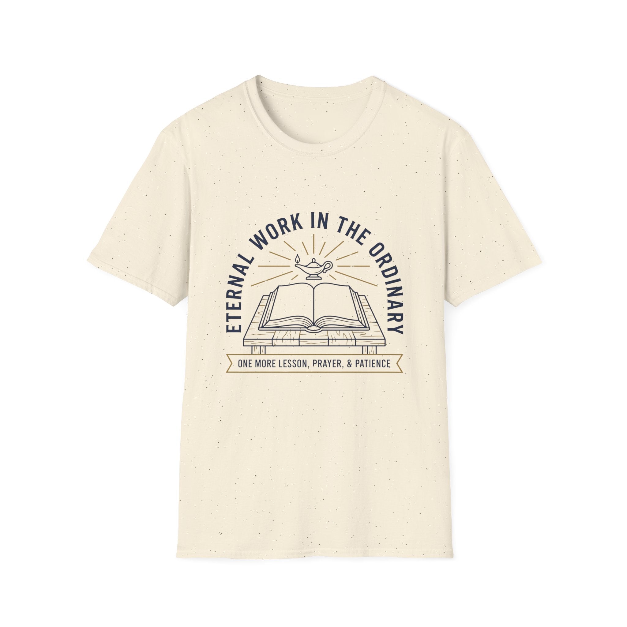 Eternal Work In The Ordinary homeschool mom graphic t-shirt with a faith-filled homeschool design with gentle lettering and classic illustrative details