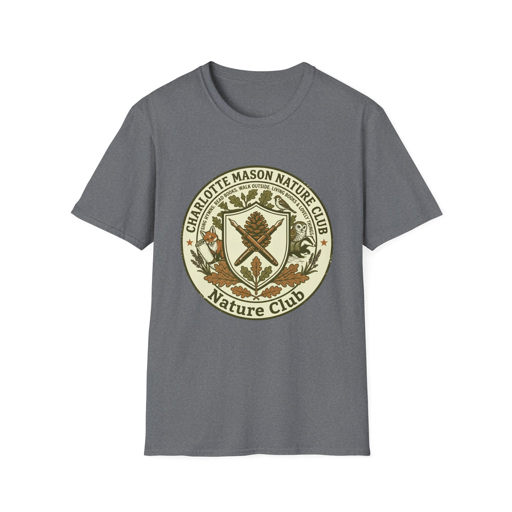 Charlotte Mason Nature Club homeschool mom graphic t-shirt with a Charlotte Mason-inspired design with books, nature details, and vintage homeschool charm