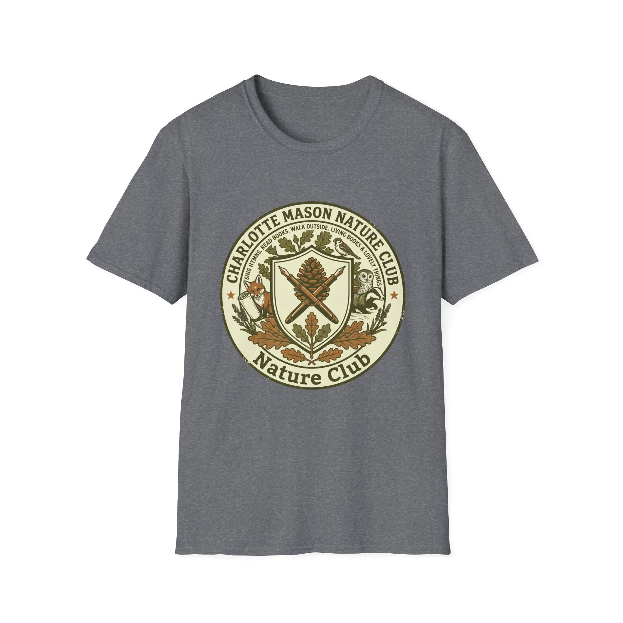 Charlotte Mason Nature Club homeschool mom graphic t-shirt with a Charlotte Mason-inspired design with books, nature details, and vintage homeschool charm