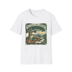 'Read Aloud & Wild Adventures homeschool mom graphic t-shirt with an adventurous homeschool graphic with nature, books, and outdoor learning energy