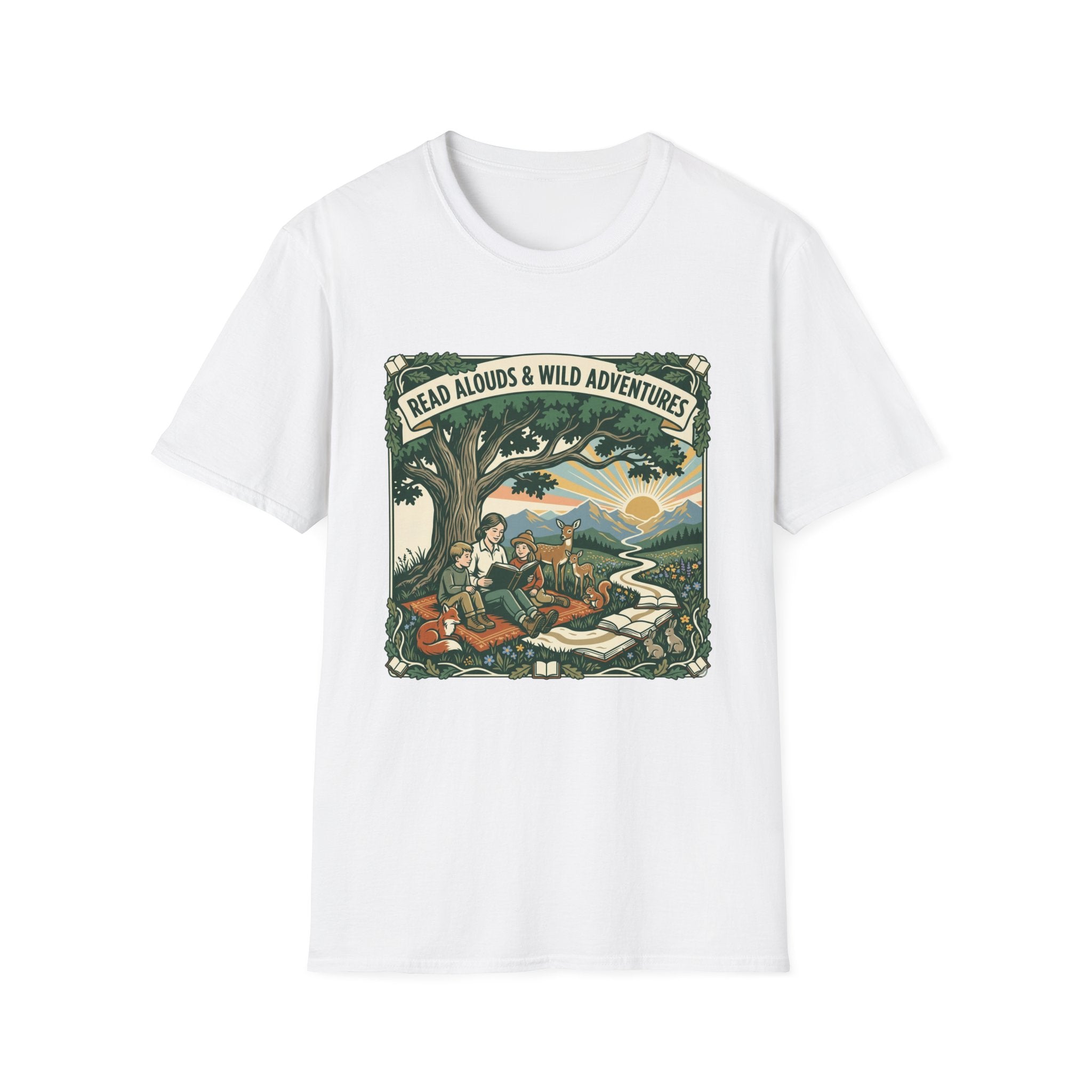 'Read Aloud & Wild Adventures homeschool mom graphic t-shirt with an adventurous homeschool graphic with nature, books, and outdoor learning energy