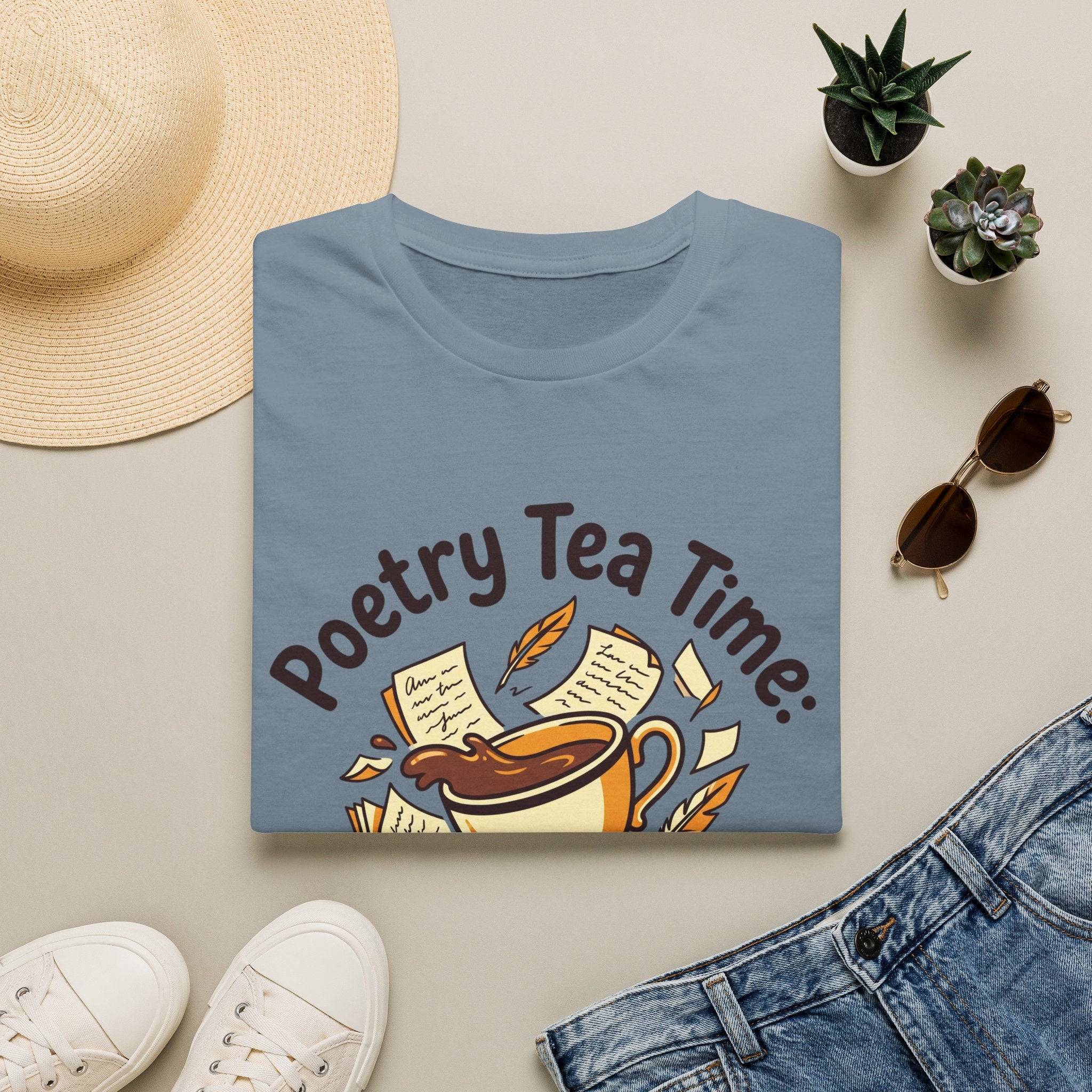 Poetry Tea Time homeschool mom graphic t-shirt with a cozy poetry teatime graphic with tea, books, and vintage homeschool charm