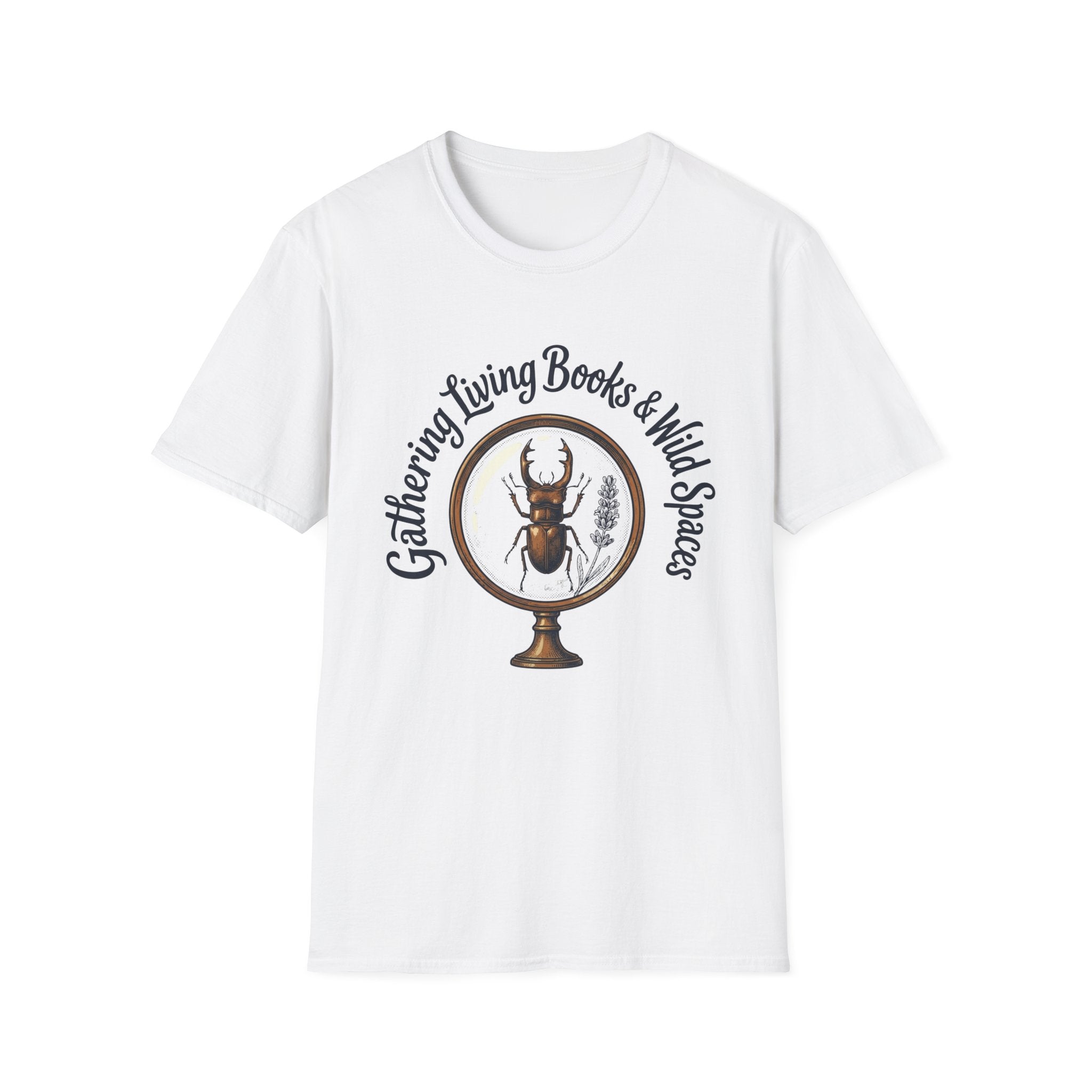 Gathering Living Books homeschool mom graphic t-shirt with a gathered-at-home inspired graphic with books, florals, and cozy family learning details