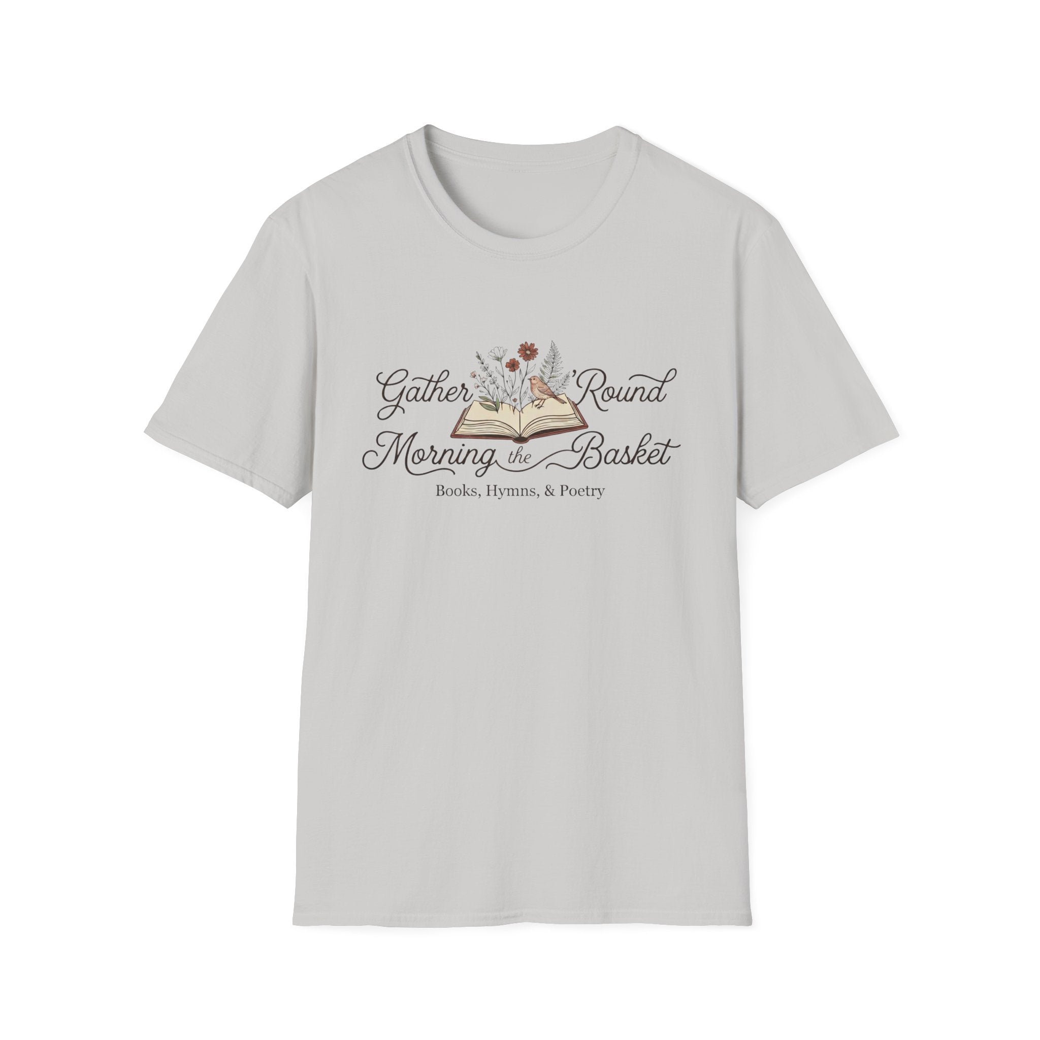 Gather Round The Morning Basket homeschool mom graphic t-shirt with a gathered-at-home inspired graphic with books, florals, and cozy family learning details