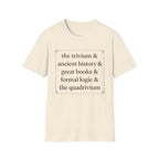 Trivium Check List homeschool mom graphic t-shirt with a playful checklist-style homeschool graphic with bookish and nature-inspired details