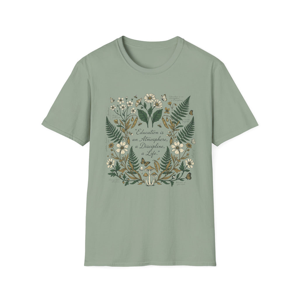 Education Is homeschool mom graphic t-shirt with a Charlotte Mason-inspired design with books, nature details, and vintage homeschool charm