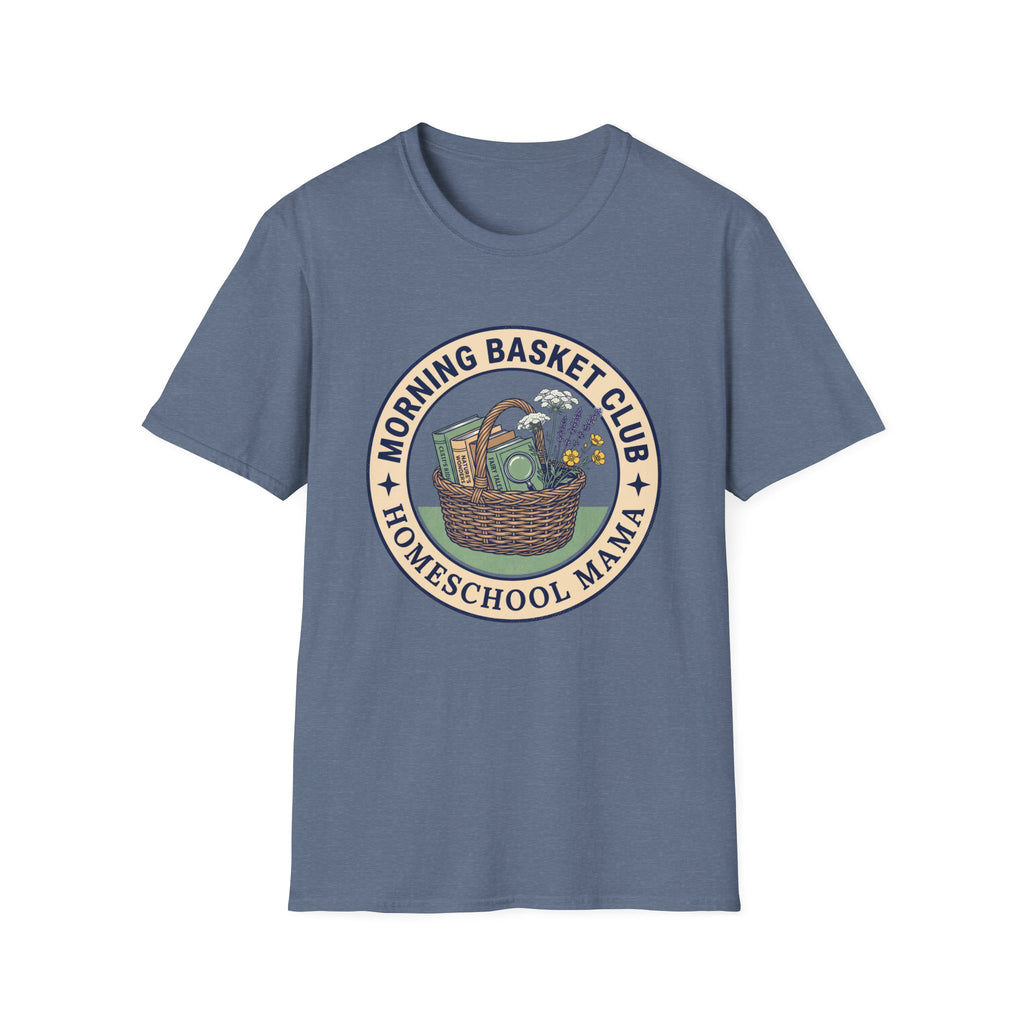 Morning Basket Club homeschool mom graphic t-shirt with a cozy morning basket-inspired design with books, gentle details, and home learning charm
