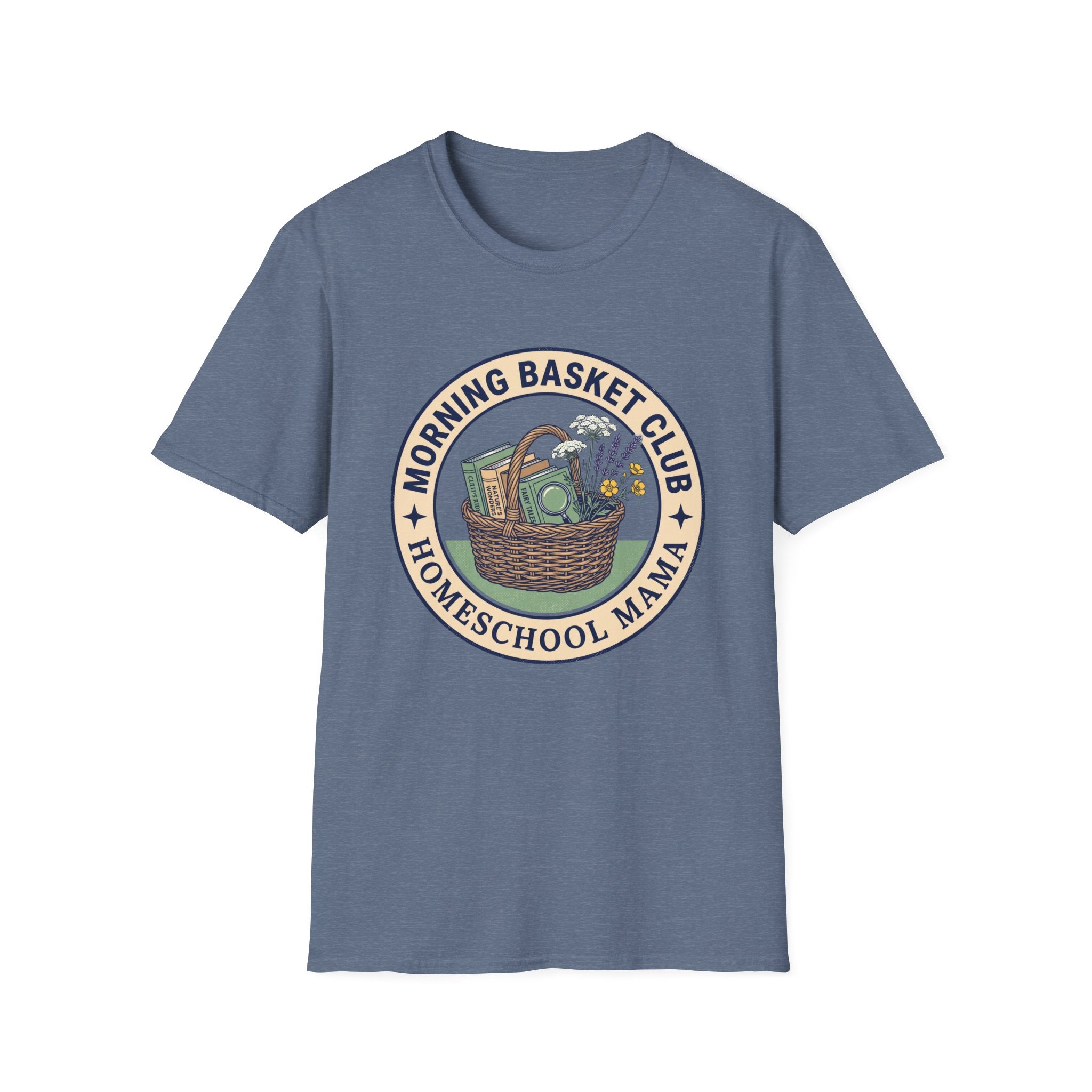 Morning Basket Club homeschool mom graphic t-shirt with a cozy morning basket-inspired design with books, gentle details, and home learning charm
