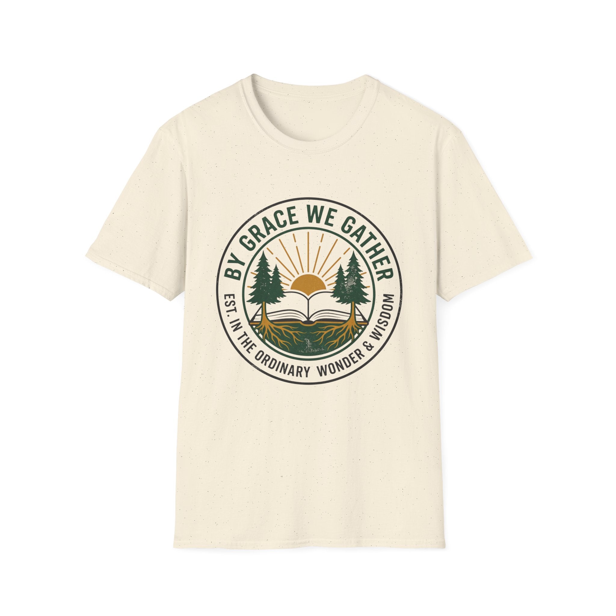 By Grace We Gather homeschool mom graphic t-shirt with a gathered-at-home inspired graphic with books, florals, and cozy family learning details