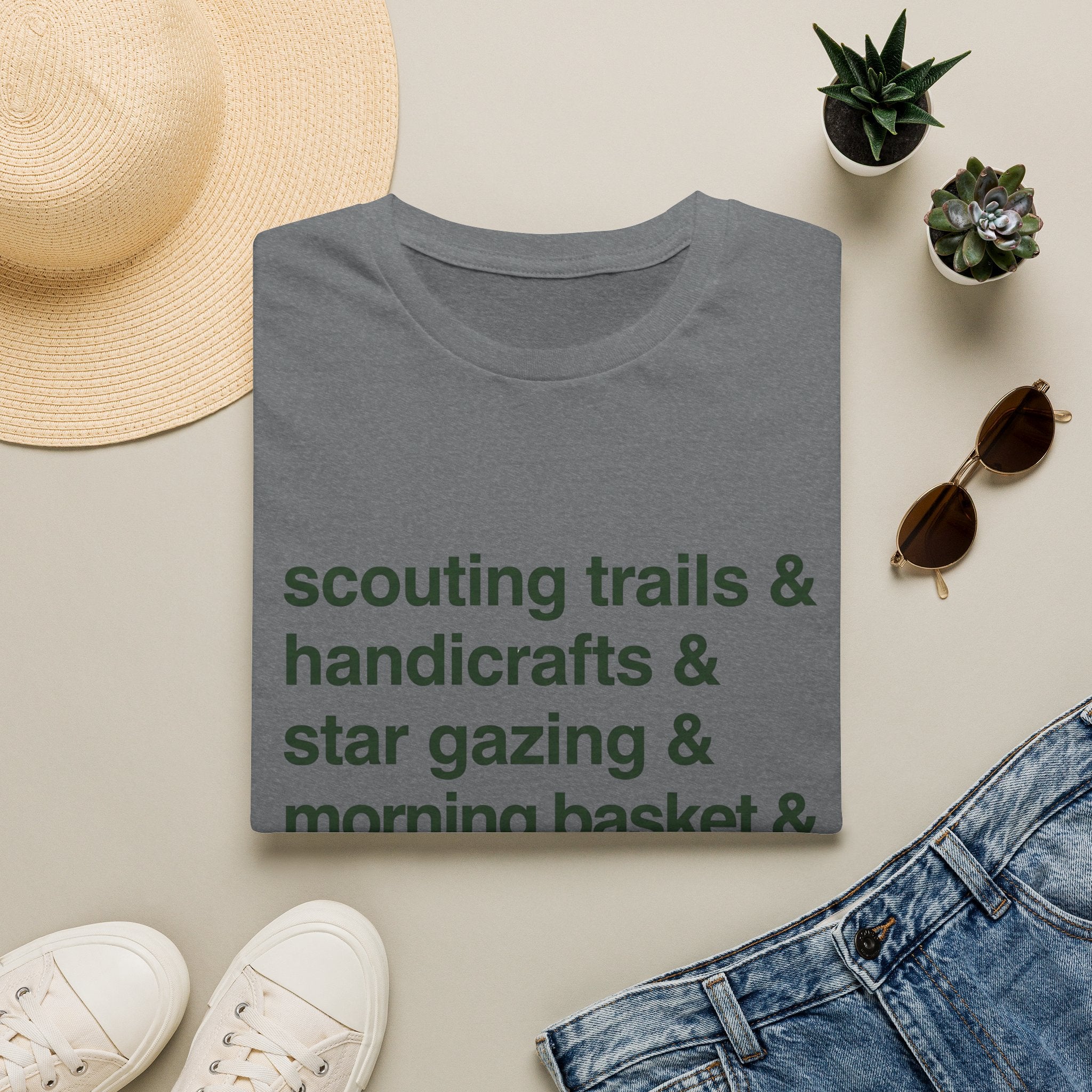 Scouting Trails Check List homeschool mom graphic t-shirt with a playful checklist-style homeschool graphic with bookish and nature-inspired details