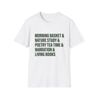 Narration Check List homeschool mom graphic t-shirt with a playful checklist-style homeschool graphic with bookish and nature-inspired details