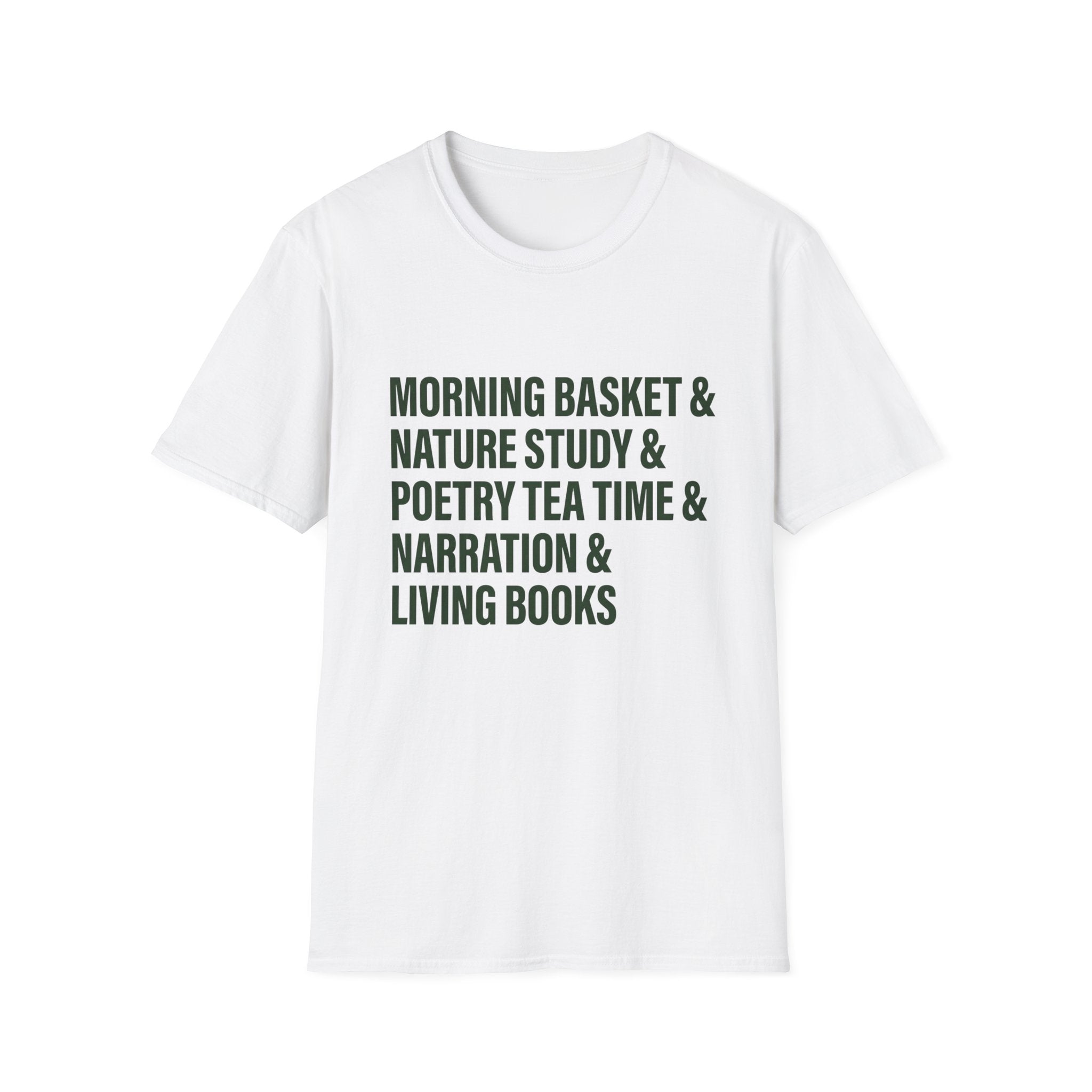 Narration Check List homeschool mom graphic t-shirt with a playful checklist-style homeschool graphic with bookish and nature-inspired details