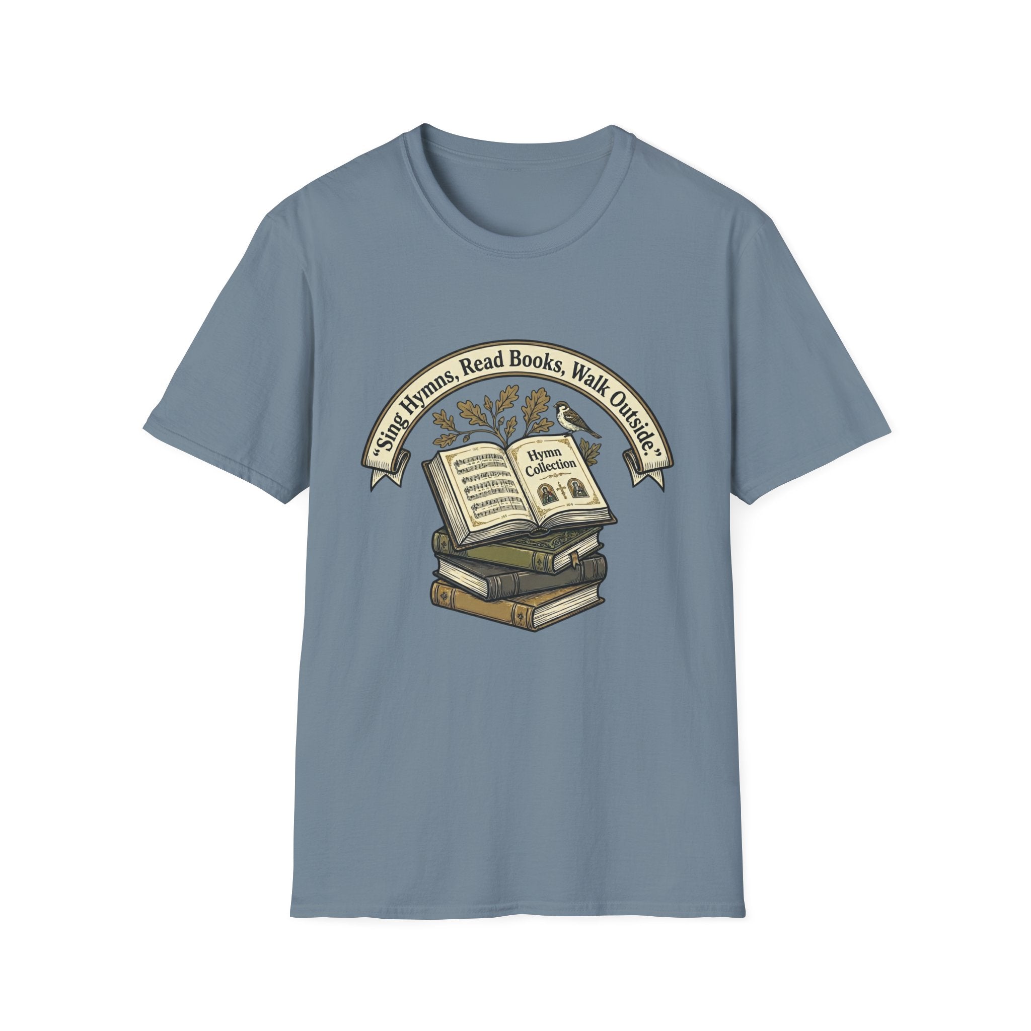 Sing Hymns, Read Books, Walk Outside homeschool mom graphic t-shirt with a faith-filled homeschool design with gentle lettering and classic illustrative details