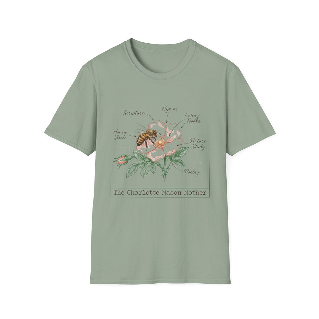 Mason Mother homeschool mom graphic t-shirt with a Charlotte Mason-inspired design with books, nature details, and vintage homeschool charm