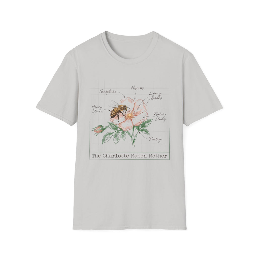 Mason Mother homeschool mom graphic t-shirt with a Charlotte Mason-inspired design with books, nature details, and vintage homeschool charm