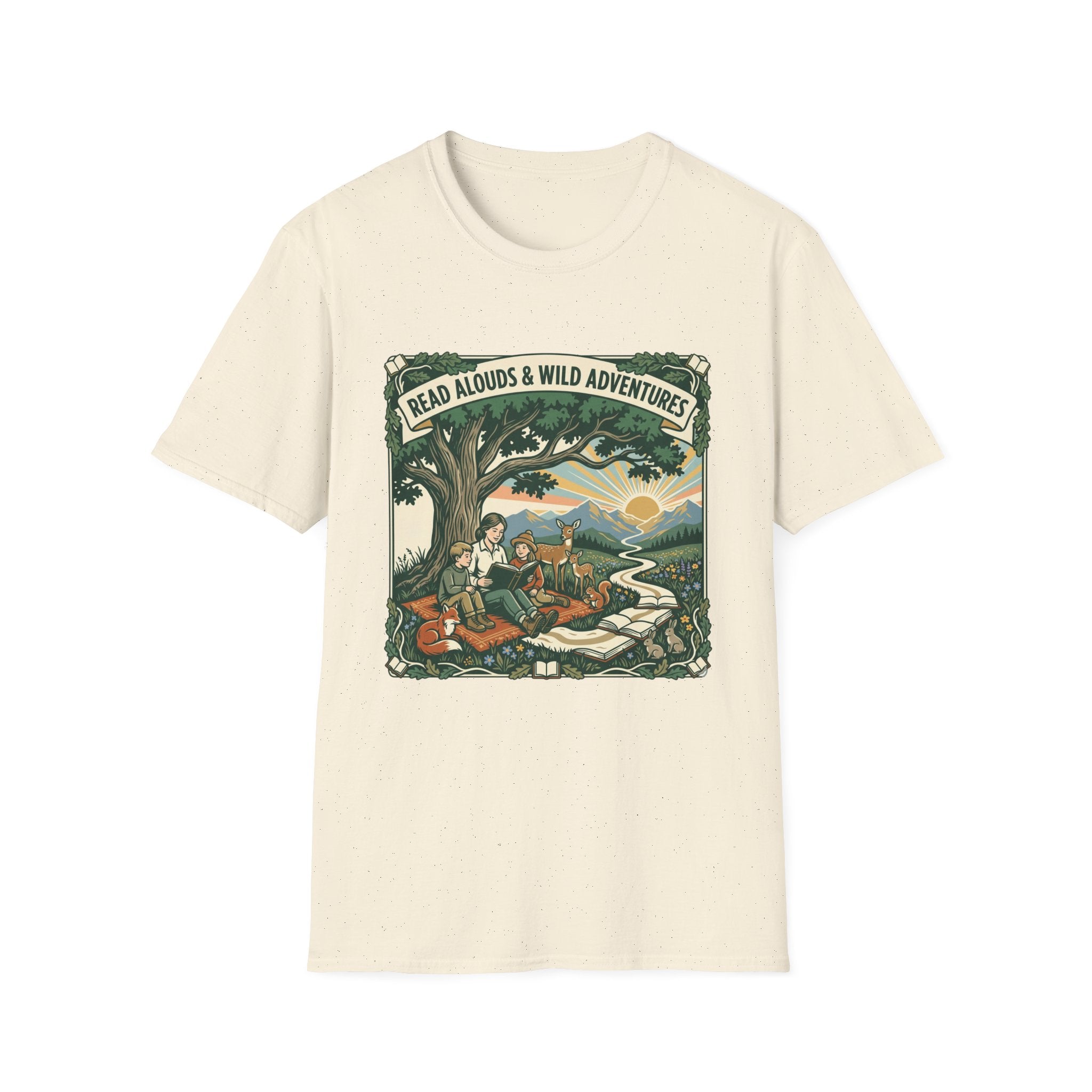 'Read Aloud & Wild Adventures homeschool mom graphic t-shirt with an adventurous homeschool graphic with nature, books, and outdoor learning energy