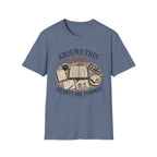 Around This Table homeschool mom graphic t-shirt with a gathered-at-home inspired graphic with books, florals, and cozy family learning details