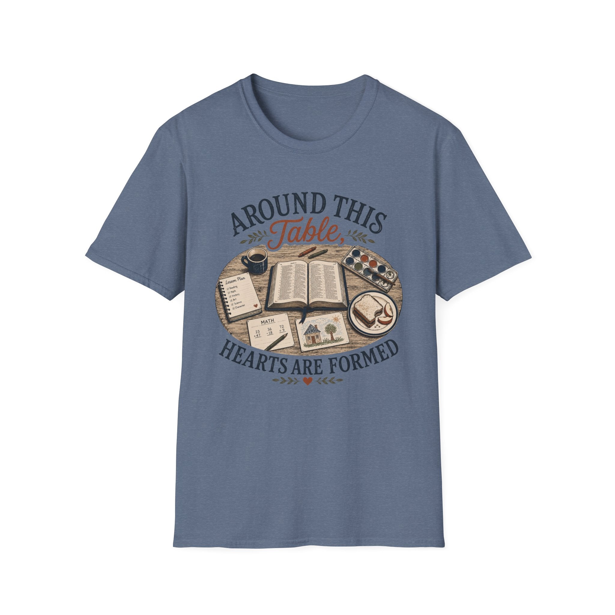 Around This Table homeschool mom graphic t-shirt with a gathered-at-home inspired graphic with books, florals, and cozy family learning details