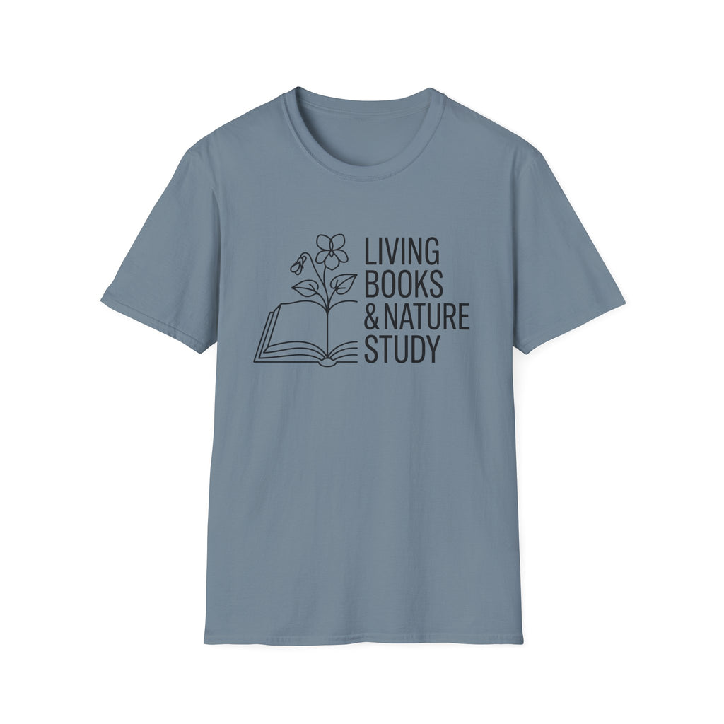 Living Books and Nature Study homeschool mom graphic t-shirt with a Charlotte Mason-inspired design with books, nature details, and vintage homeschool charm