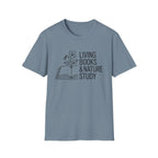Living Books and Nature Study homeschool mom graphic t-shirt with a Charlotte Mason-inspired design with books, nature details, and vintage homeschool charm
