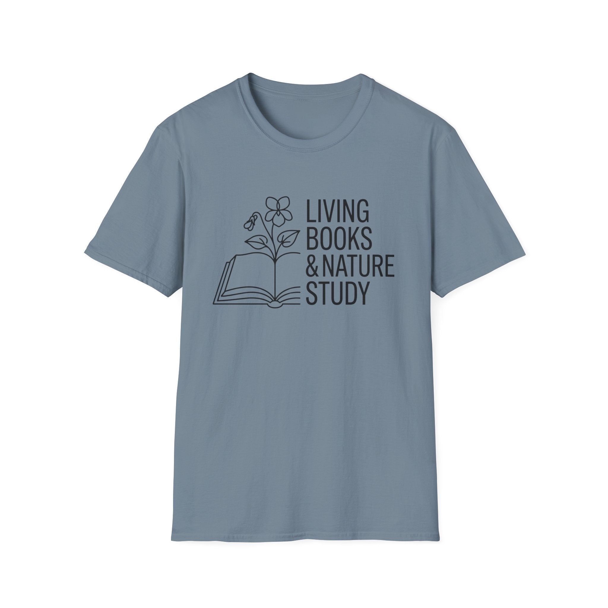 Living Books and Nature Study homeschool mom graphic t-shirt with a Charlotte Mason-inspired design with books, nature details, and vintage homeschool charm