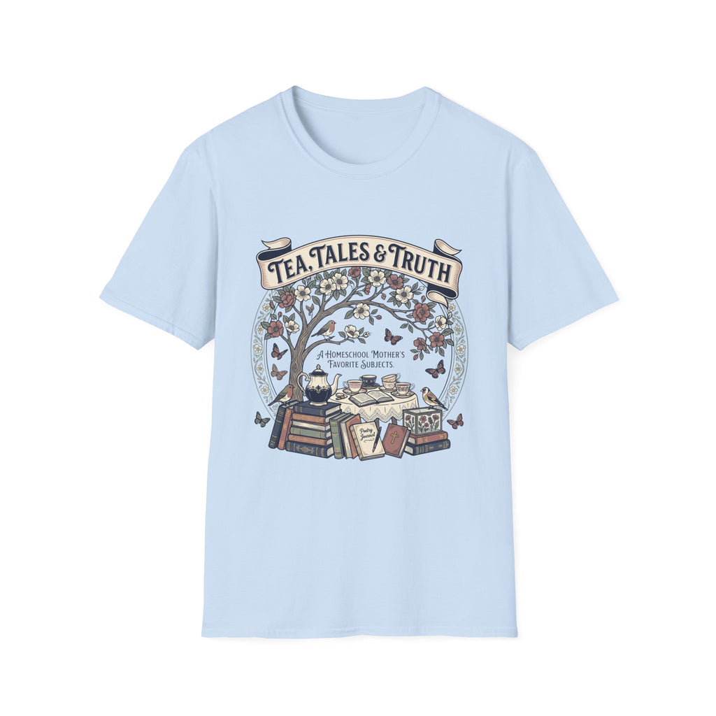 Tea, Tales, & Truth homeschool mom graphic t-shirt with a faith-filled homeschool design with gentle lettering and classic illustrative details