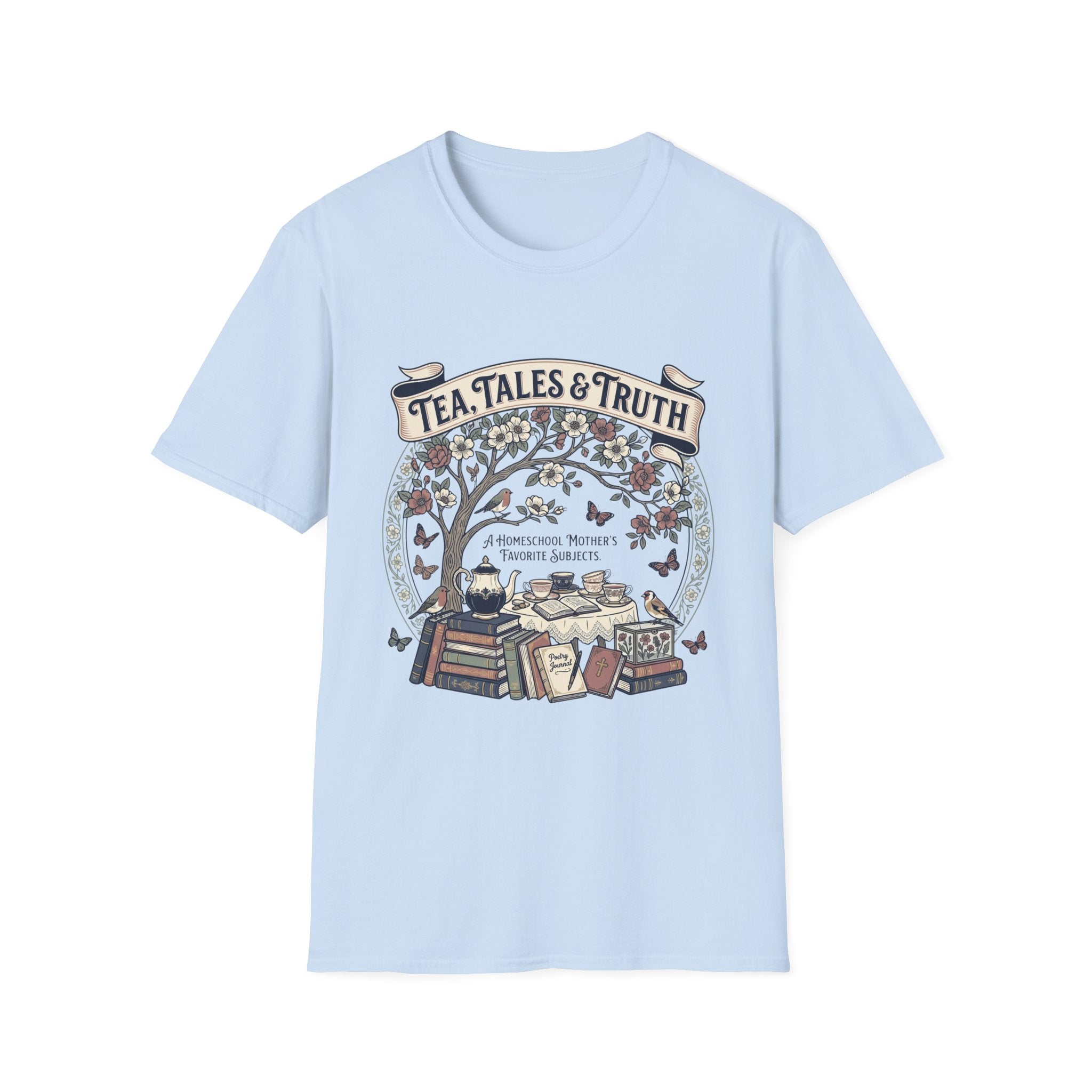 Tea, Tales, & Truth homeschool mom graphic t-shirt with a faith-filled homeschool design with gentle lettering and classic illustrative details