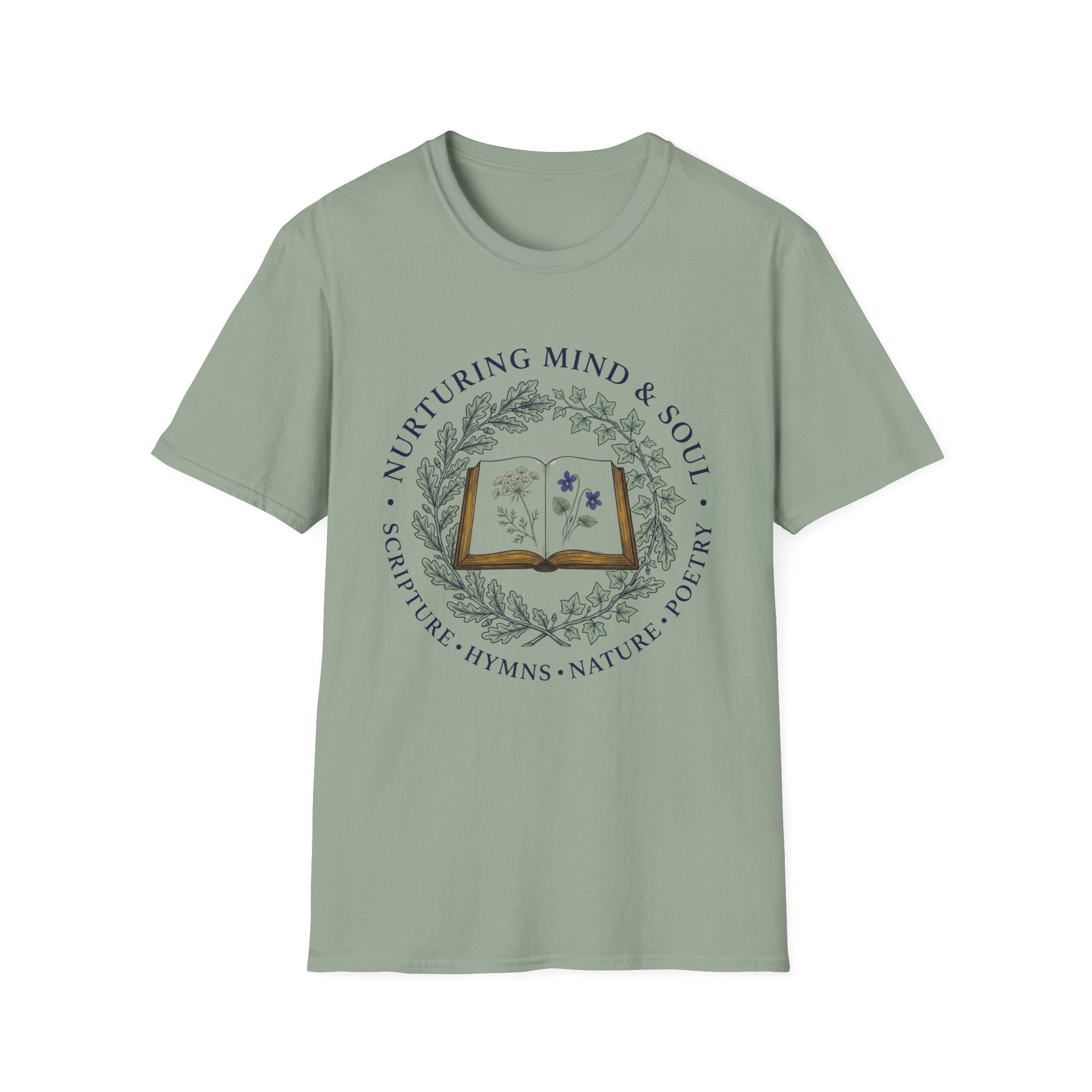 Nurturing Mind & Soul homeschool mom graphic t-shirt with a warm homeschool-inspired graphic with thoughtful lettering