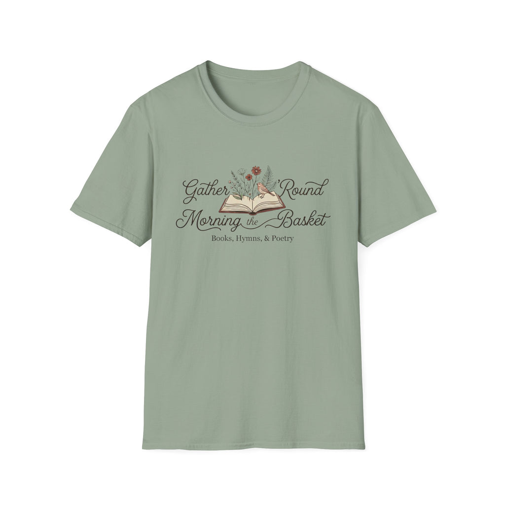 Gather Round The Morning Basket homeschool mom graphic t-shirt with a gathered-at-home inspired graphic with books, florals, and cozy family learning details