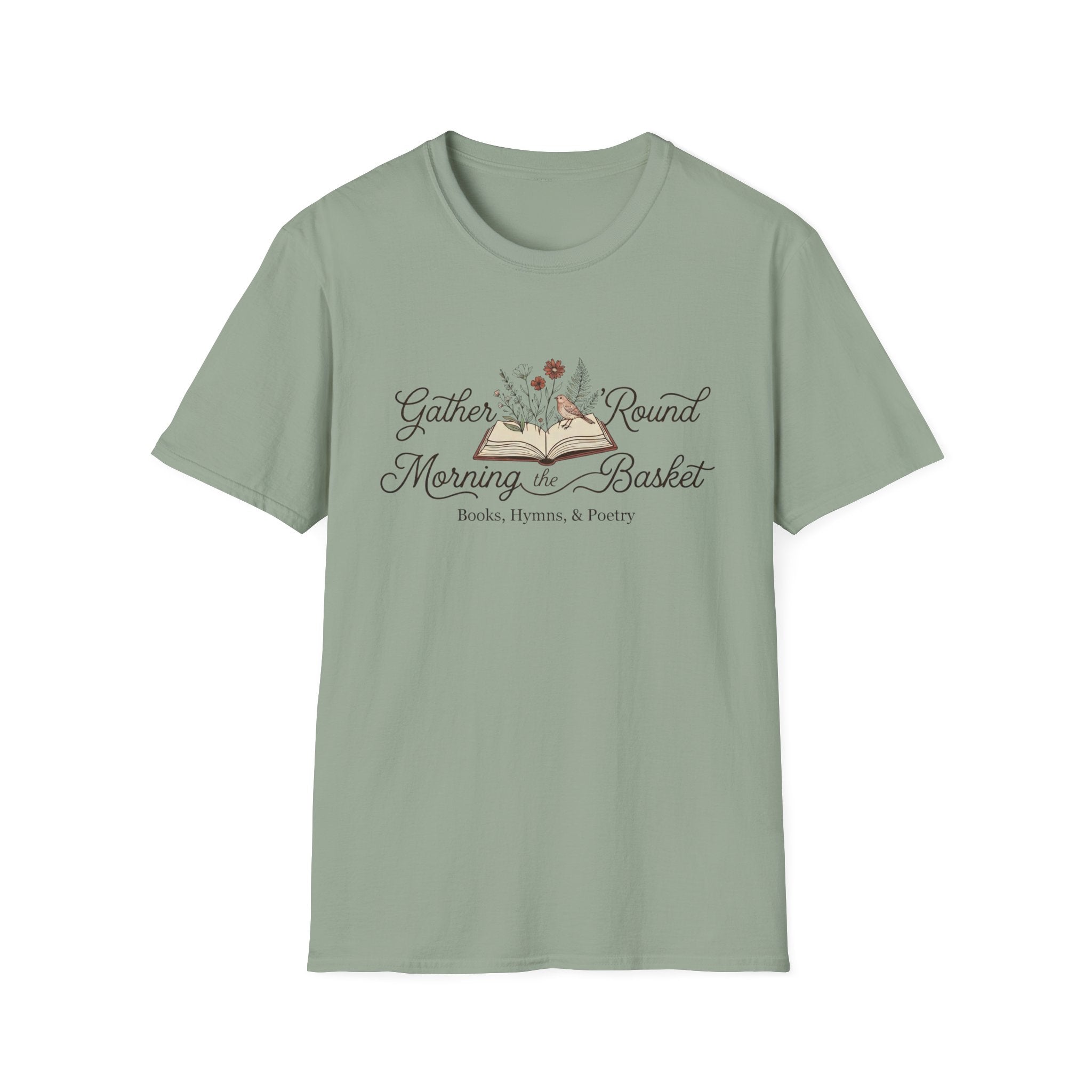 Gather Round The Morning Basket homeschool mom graphic t-shirt with a gathered-at-home inspired graphic with books, florals, and cozy family learning details