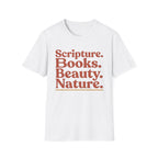 Scripture Books Beauty homeschool mom graphic t-shirt with a faith-filled homeschool design with gentle lettering and classic illustrative details