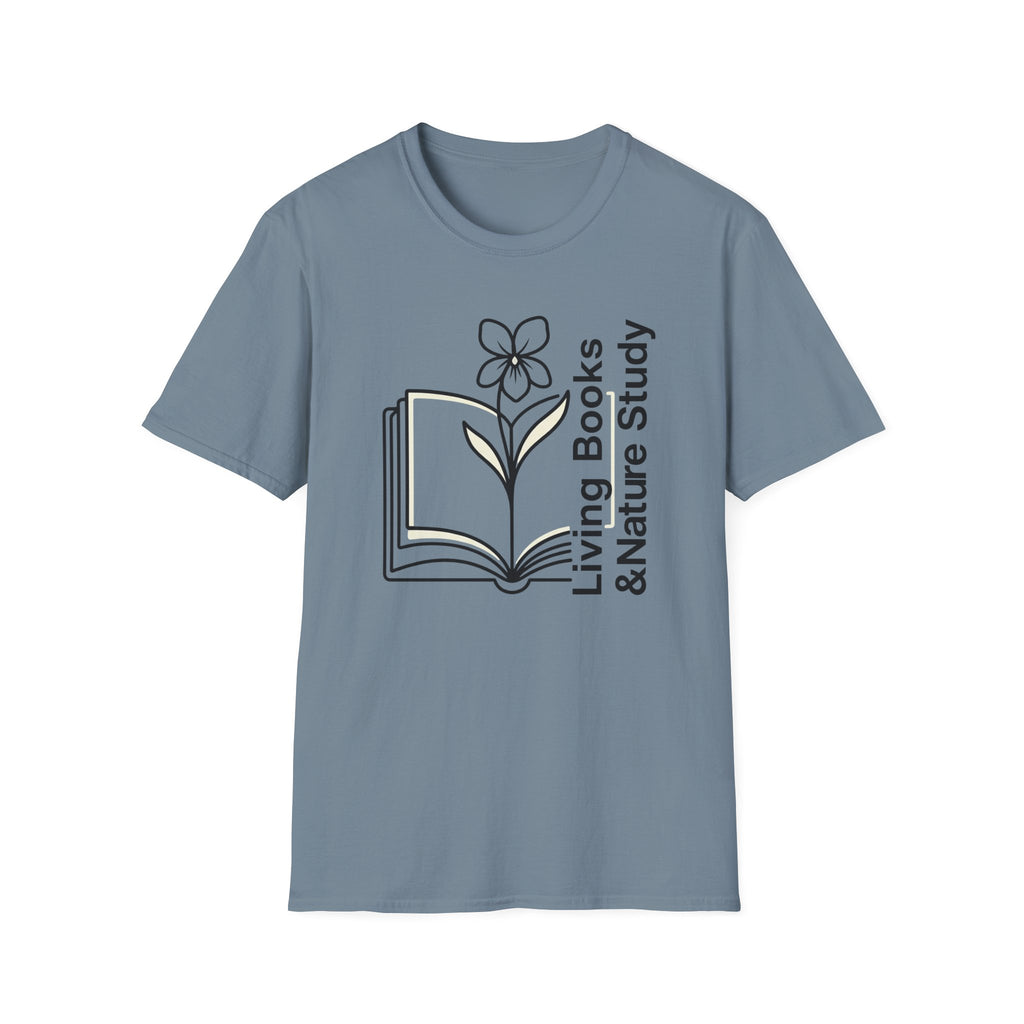 Living Books Nature Study with Flower homeschool mom graphic t-shirt with a Charlotte Mason-inspired design with books, nature details, and vintage homeschool charm