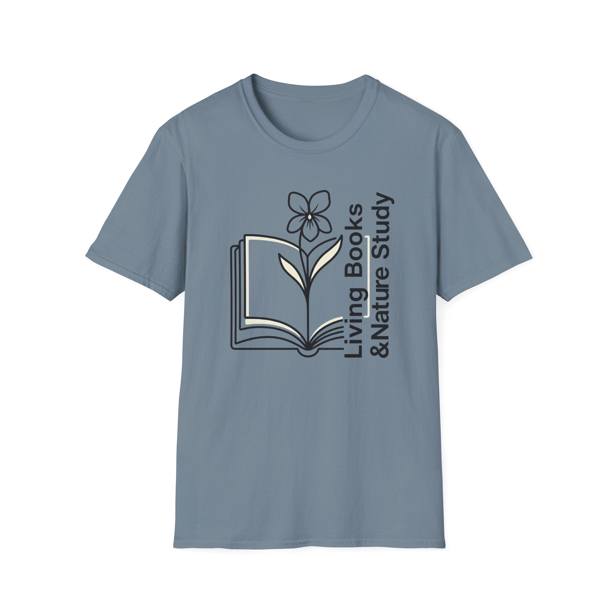 Living Books Nature Study with Flower homeschool mom graphic t-shirt with a Charlotte Mason-inspired design with books, nature details, and vintage homeschool charm