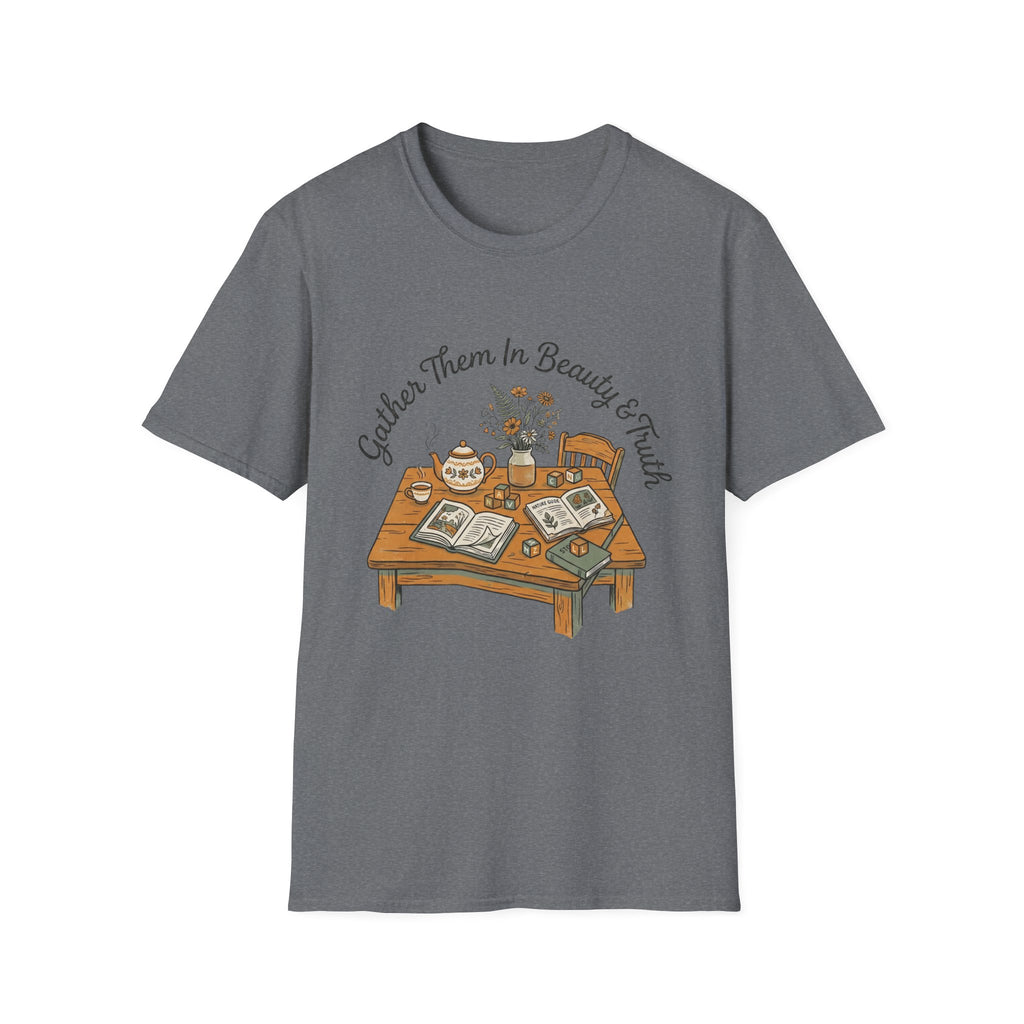 Gather Them In Beauty homeschool mom graphic t-shirt with a gathered-at-home inspired graphic with books, florals, and cozy family learning details