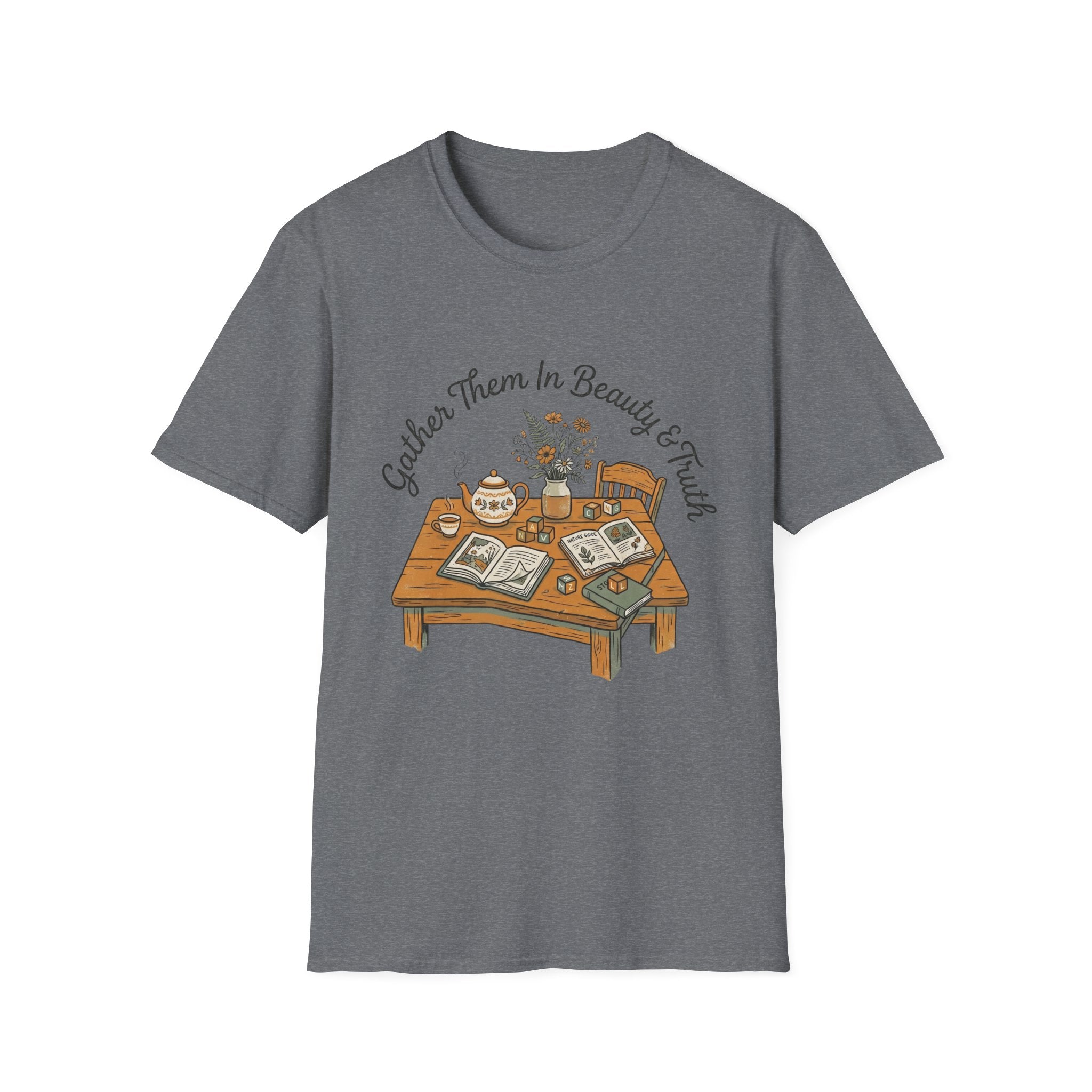 Gather Them In Beauty homeschool mom graphic t-shirt with a gathered-at-home inspired graphic with books, florals, and cozy family learning details