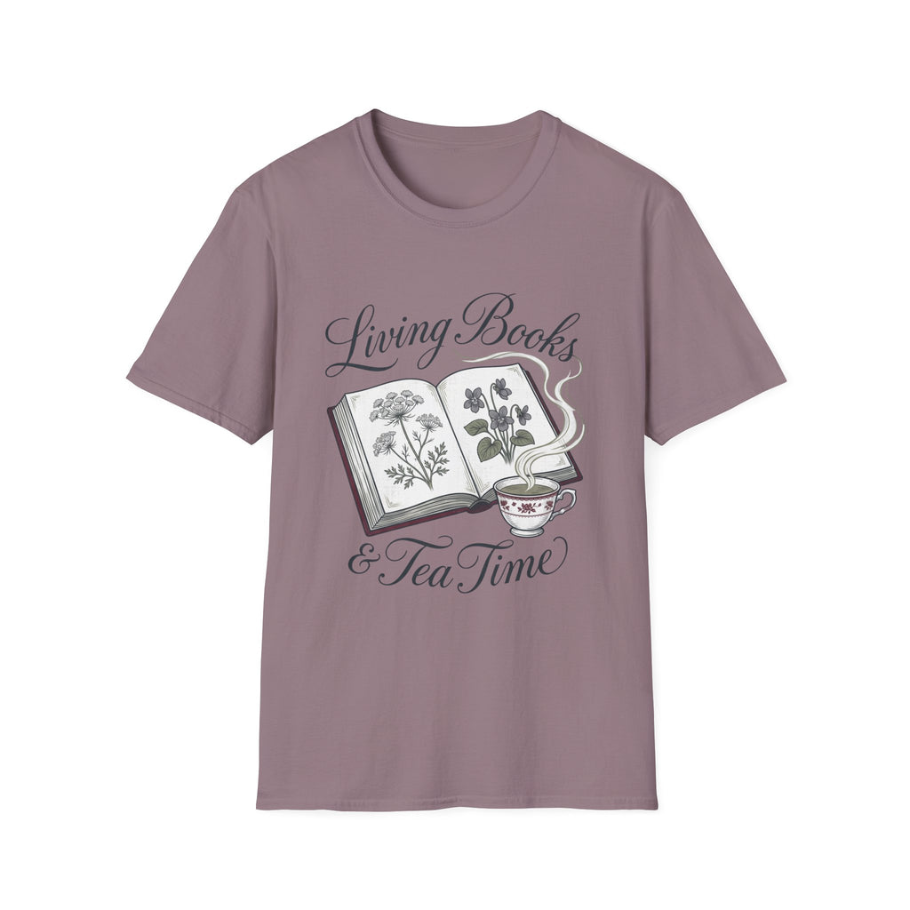 Living Books & Tea Time homeschool mom graphic t-shirt with a Charlotte Mason-inspired design with books, nature details, and vintage homeschool charm