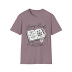 Living Books & Tea Time homeschool mom graphic t-shirt with a Charlotte Mason-inspired design with books, nature details, and vintage homeschool charm