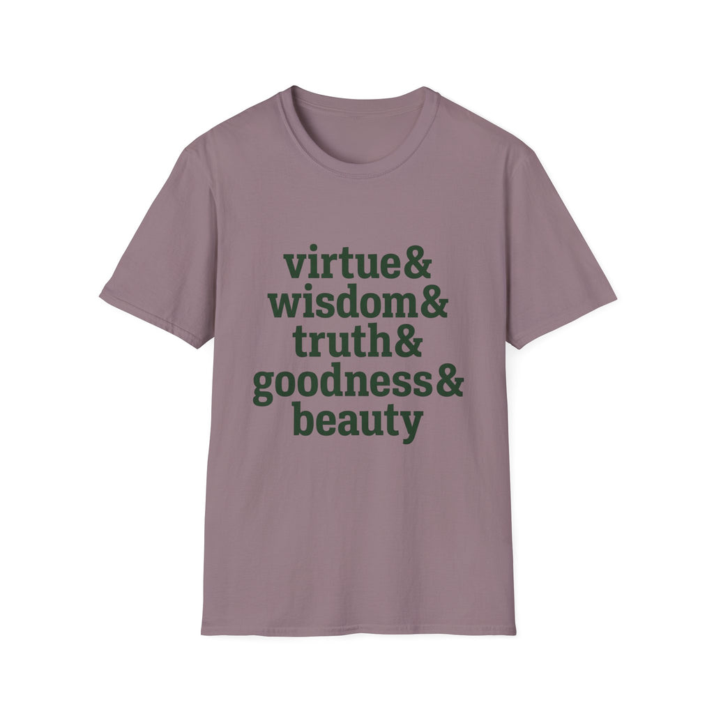 Virtue & Wisdom Check List homeschool mom graphic t-shirt with a playful checklist-style homeschool graphic with bookish and nature-inspired details