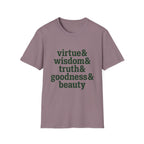 Virtue & Wisdom Check List homeschool mom graphic t-shirt with a playful checklist-style homeschool graphic with bookish and nature-inspired details
