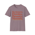 Scripture Books Beauty homeschool mom graphic t-shirt with a faith-filled homeschool design with gentle lettering and classic illustrative details