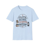 Faith Home Learning homeschool mom graphic t-shirt with a faith-filled homeschool design with gentle lettering and classic illustrative details