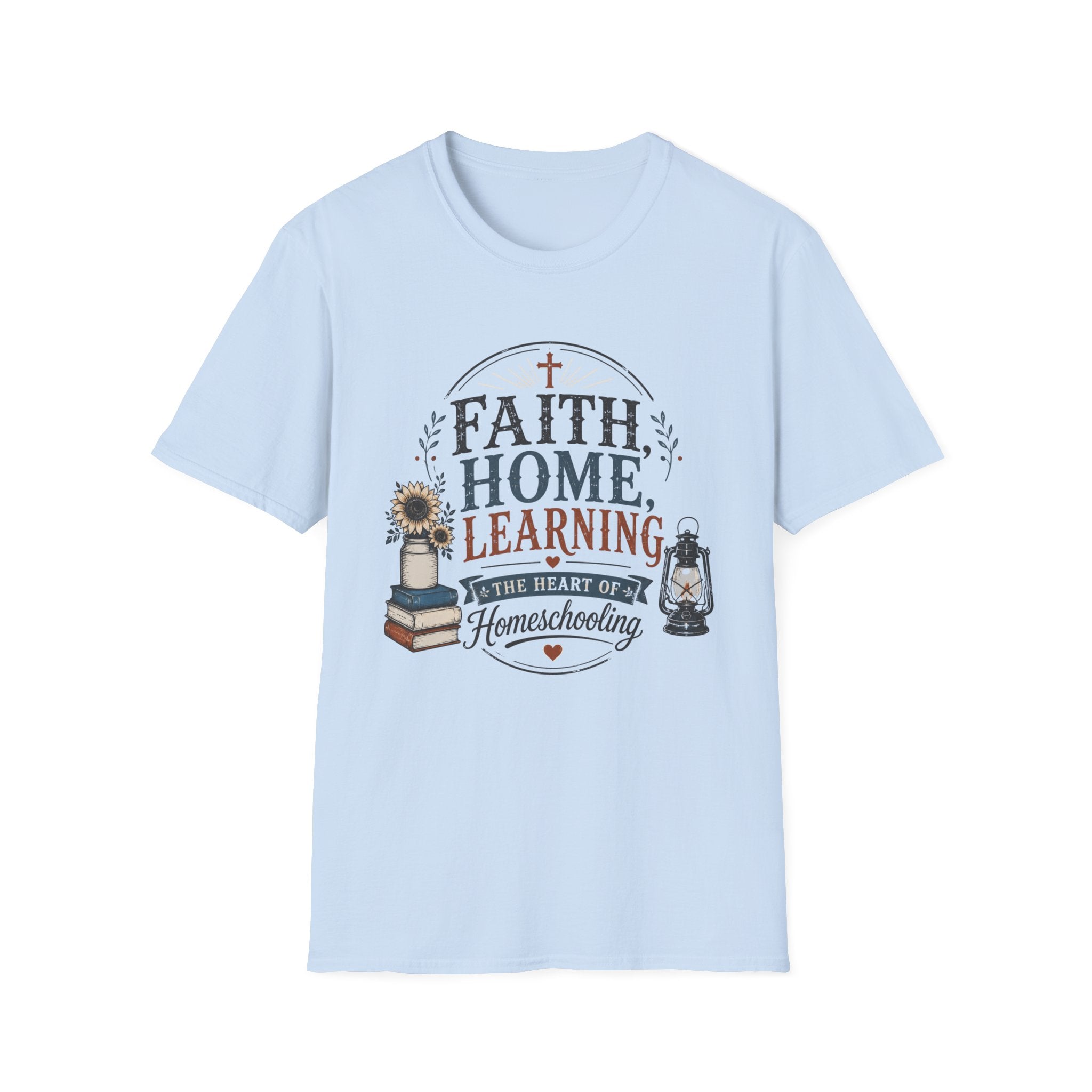 Faith Home Learning homeschool mom graphic t-shirt with a faith-filled homeschool design with gentle lettering and classic illustrative details