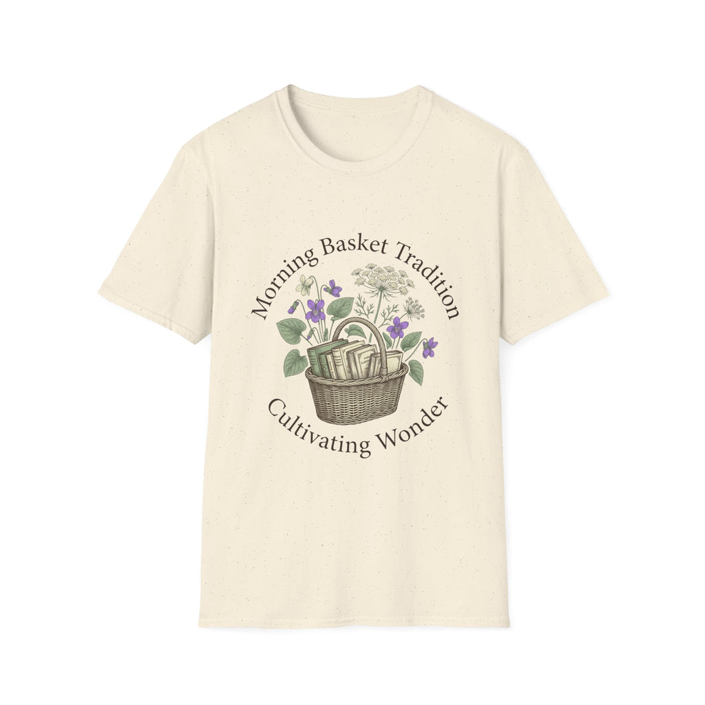 Morning Basket Tradition homeschool mom graphic t-shirt with a cozy morning basket-inspired design with books, gentle details, and home learning charm