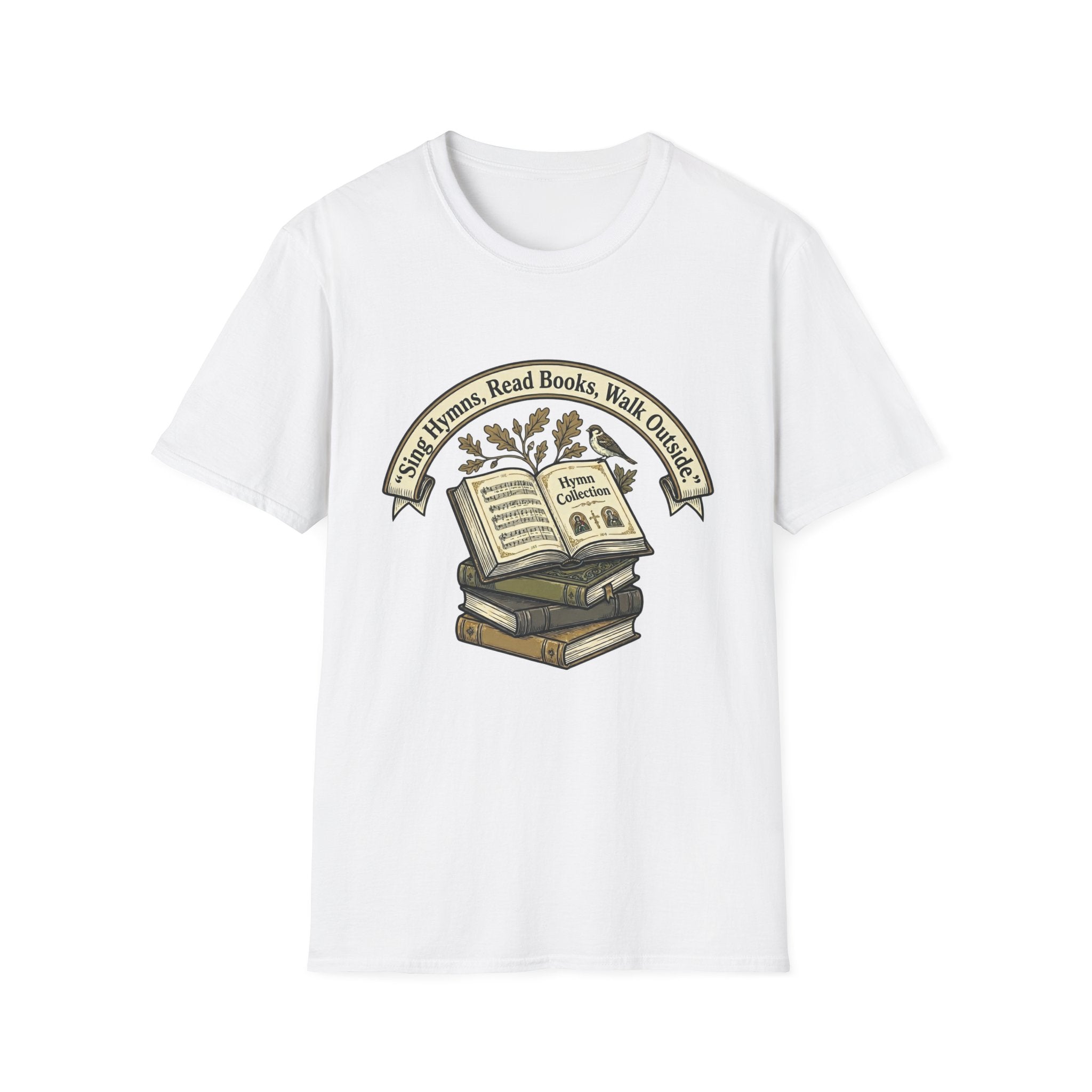 Sing Hymns, Read Books, Walk Outside homeschool mom graphic t-shirt with a faith-filled homeschool design with gentle lettering and classic illustrative details